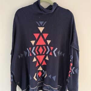 J. Jill Navy and Red Geometric Cowl Neck Sweater